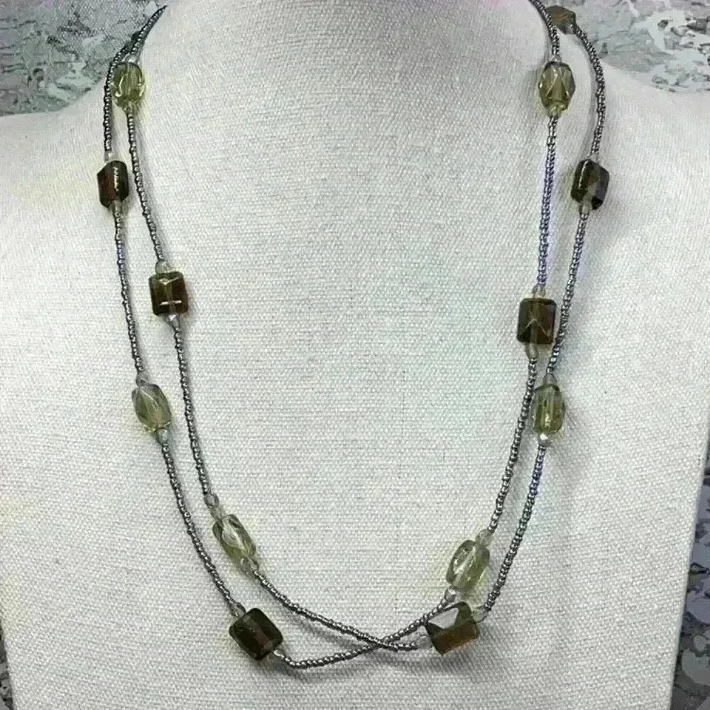 Vintage Green Seed Bead and Glass AB Necklace